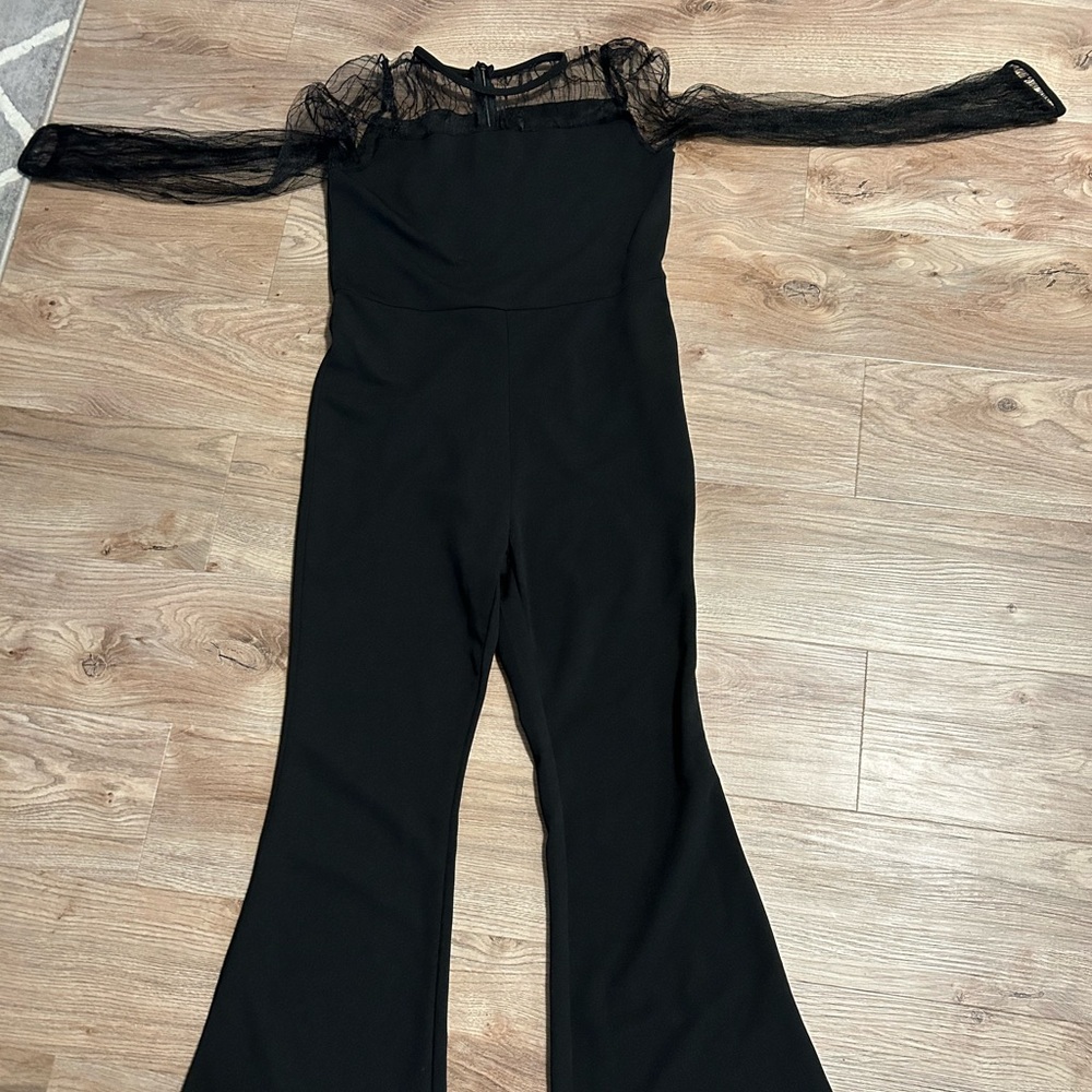 WDIRARA Girl's Mesh Long Sleeve V Neck Wide Leg Casual Birthday Party Jumpsuits